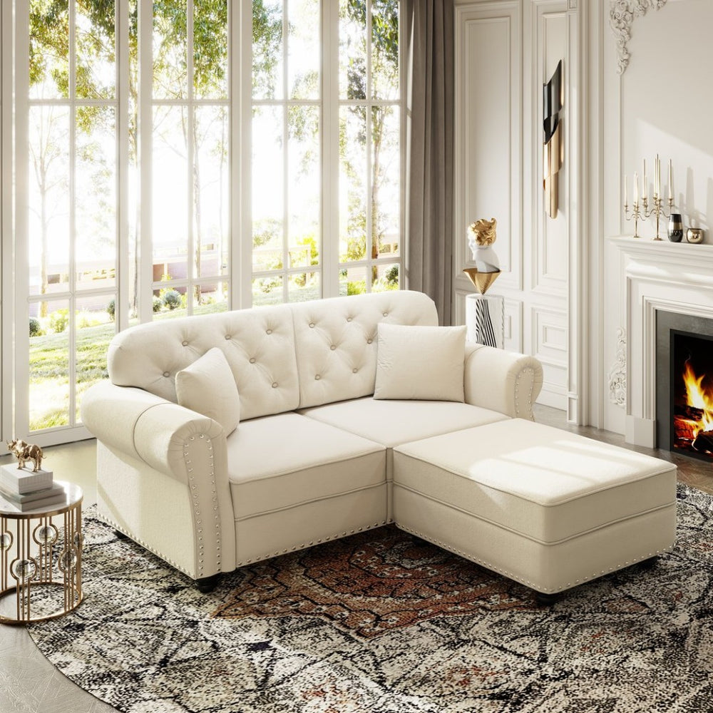 English Elm 63"upholstered Velvet Loveseat with Button Tufting Brass Nailhead Trim Mid-century Chesterfield Beige White W1885S00376