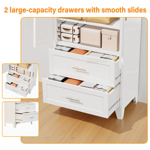 English Elm 71" Tall Metal Wardrobe Cabinet with 2 Drawers, Adjustable Shelf & Hanging Rod — Space-Saving White Closet Organizer W3387P351602