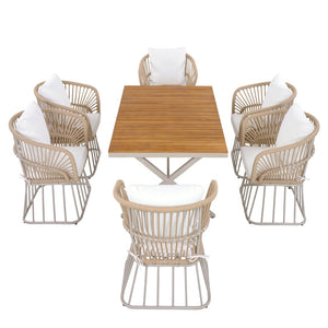 English Elm Outdoor Teak and Wicker Seven Piece Patio Dining Set with Cushioned Armchairs N770PS726B27B