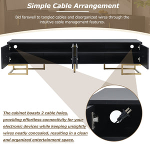 English Elm ON-TREND Modern TV Stand with Geometric Doors, Gold Metal Base, Adjustable Shelves & Cable Management Black+Gold WF325614AAB