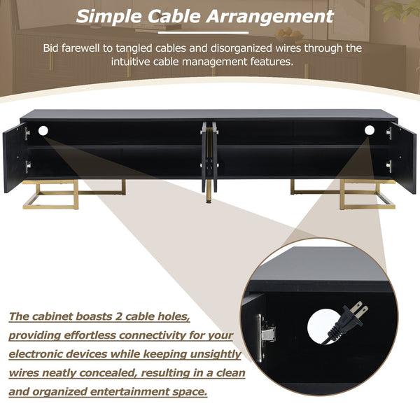 English Elm ON-TREND Modern TV Stand with Geometric Doors, Gold Metal Base, Adjustable Shelves & Cable Management Black+Gold WF325614AAB