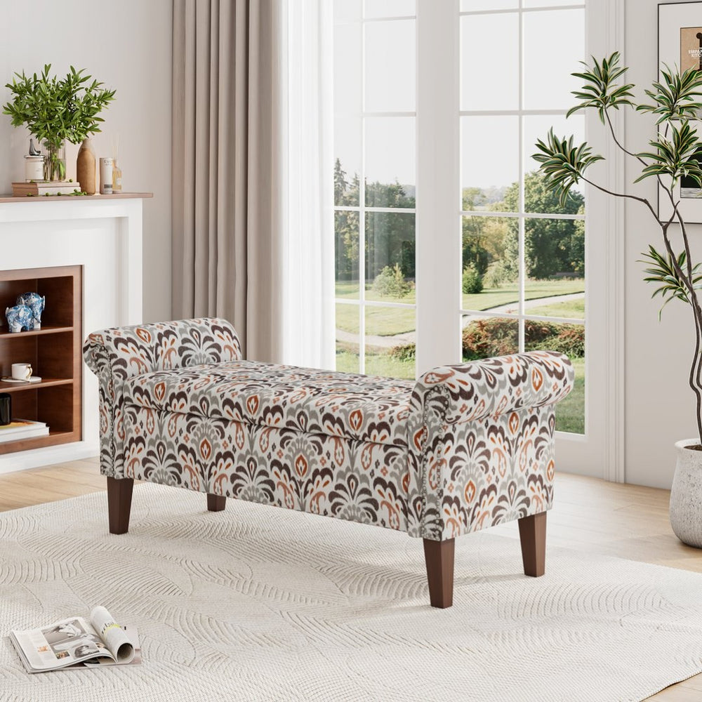 English Elm Wallen Traditional Upholstered Storage Ottoman Bench with Nailhead Trim and Vine Pattern Multi B127P409581