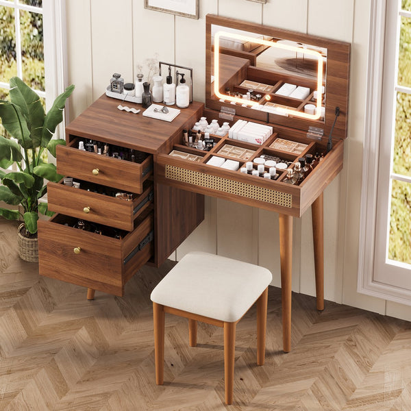 English Elm 39" Retro Bohemian Vanity Desk with Flip-Top Mirror & LED Lights, Rattan Drawers, 3-Drawer Storage, Walnut Finish N733P361800D