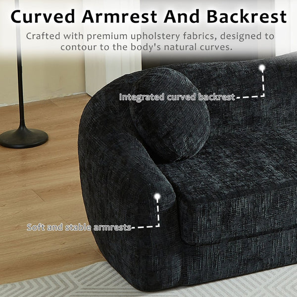 English Elm 86-inch Curved Chenille Convertible Sofa Recliner Frameless Folding Two-seater for Living Room Black W3505P452820