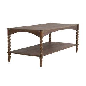 English Elm 47x22x18.5" Rustic Wood Coffee Table with Spiral Turned Legs and Open Storage Shelf W2078P460492