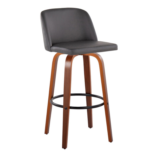 English Elm Toriano 30" Mid-Century Modern Swivel Barstool Set Of 2 In Walnut Wood & Grey Faux Leather Comfort B202S00698-GIGA
