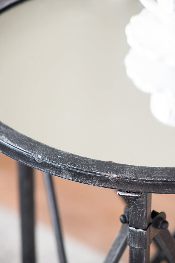 English Elm D17x26.5" Gilbert Side Table - Distressed Black Round Glass Top with Intersecting Frame & Casters W2078P394038