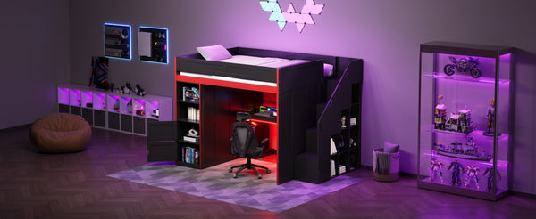 English Elm Gaming Full Loft Bed with Built-in Desk Led Lights and Storage for Teen Rooms N709P004103J