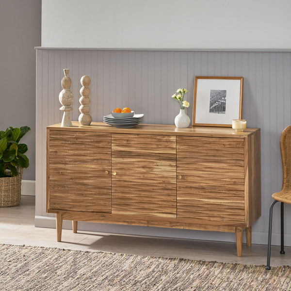 English Elm Christopher Knight Home® - SIDEBOARD Handcrafted 3-Door Natural Acacia Wood Boho Side Cabinet with Carved Texture & Storage 68732.00