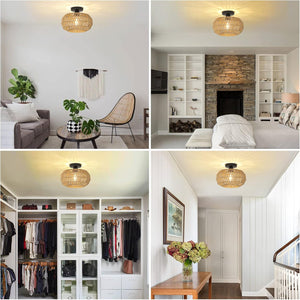 English Elm Rattan Boho Ceiling Light Fixture with Dimmable LED Bulb, Hand-Woven Mini Chandelier for Home W2738P185424