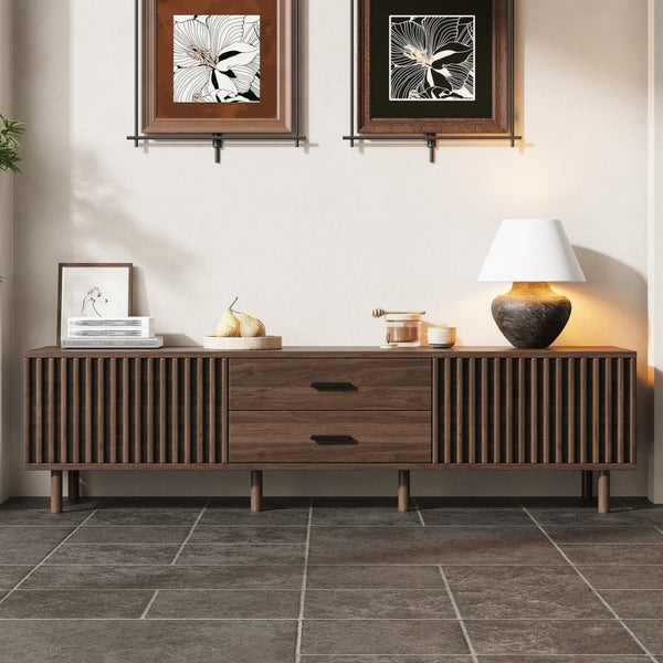 English Elm 70inch Rattan Door Media Console with Iron Legs Natural Wood Finish Living Room N710P429516Q