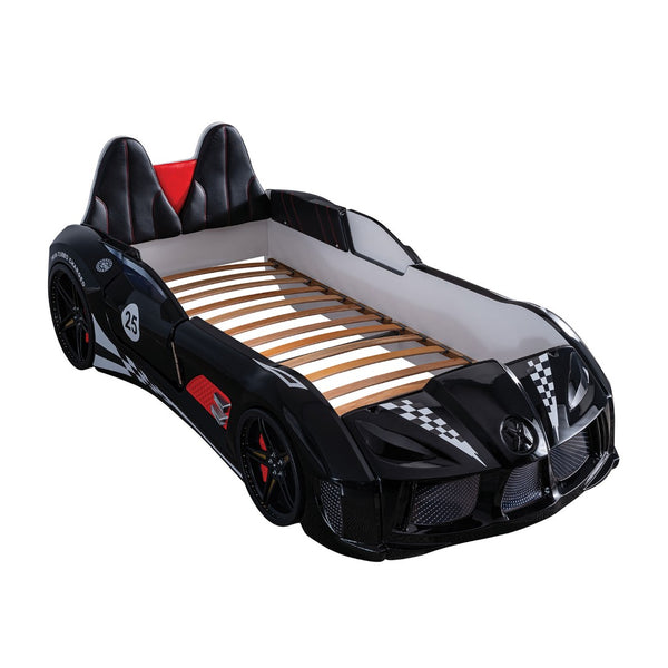 English Elm Modern Race Car Twin Bed with Led Lights Magnetic Doors and Leatherette Upholstery Black B2741S00910