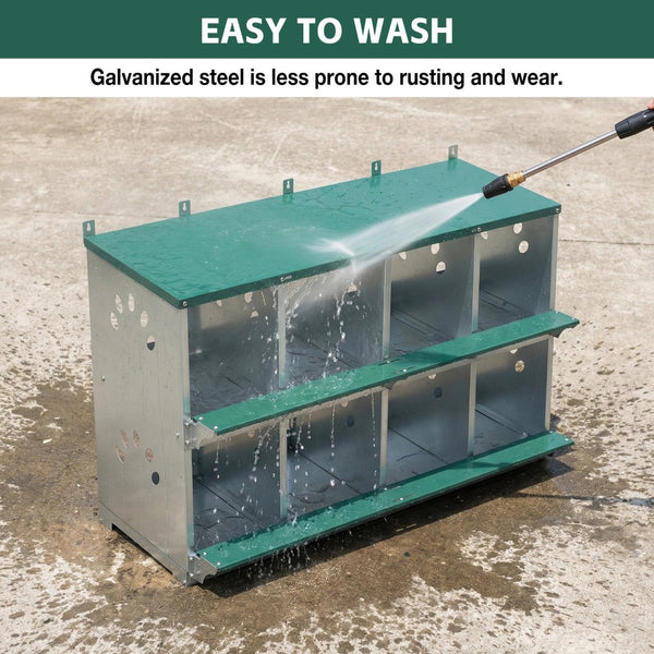 English Elm 8 Compartment Galvanized Steel Hen Nesting Unit Wall Mount Coop with Roll Forward Egg Tray W1422P246453