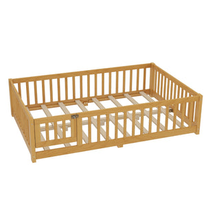 English Elm Full Floor Bed with Safety Guardrails and Play Door for Kids, Low Profile Pine Frame, 550lb Capacity Natural W1580P338952