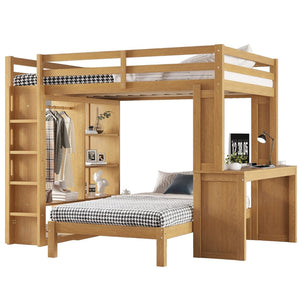 English Elm Queen Over Twin Bunk Bed With Built-In Desk, Storage, And Dismountable Lower Bed - Natural Wood W1580S00216-GIGA