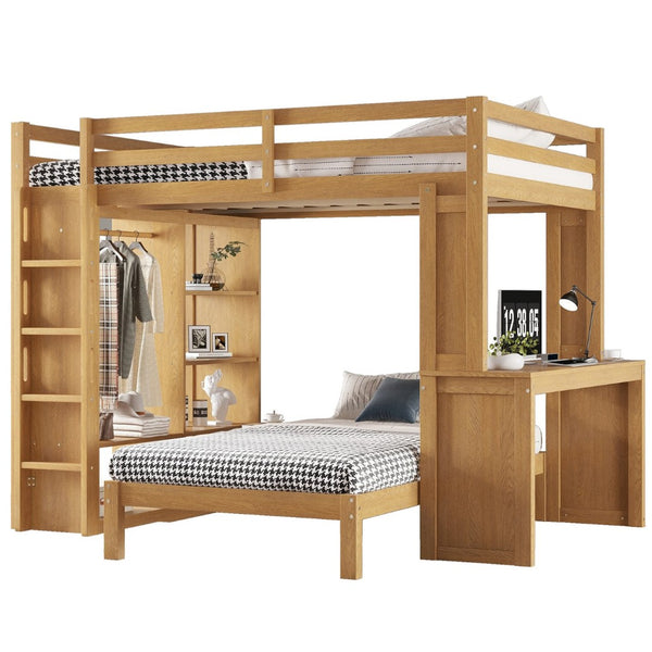 English Elm Queen Over Twin Bunk Bed With Built-In Desk, Storage, And Dismountable Lower Bed - Natural Wood W1580S00216-GIGA