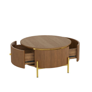 English Elm Modern Round Coffee Table with Gold Legs Two Drawers Brown Mdf Living Room N735P338995D