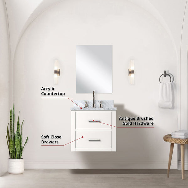 English Elm White Compact Bathroom Vanity Set With Acrylic Top, Mirror & Chrome Faucet – Ideal For Small Spaces B2731S01967-GIGA