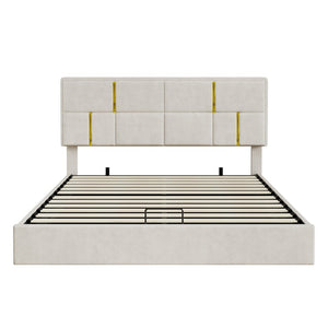 English Elm Queen Upholstered Storage Bed Gas Lift Platform with Gold Trim Pu Headboard N733S362241A