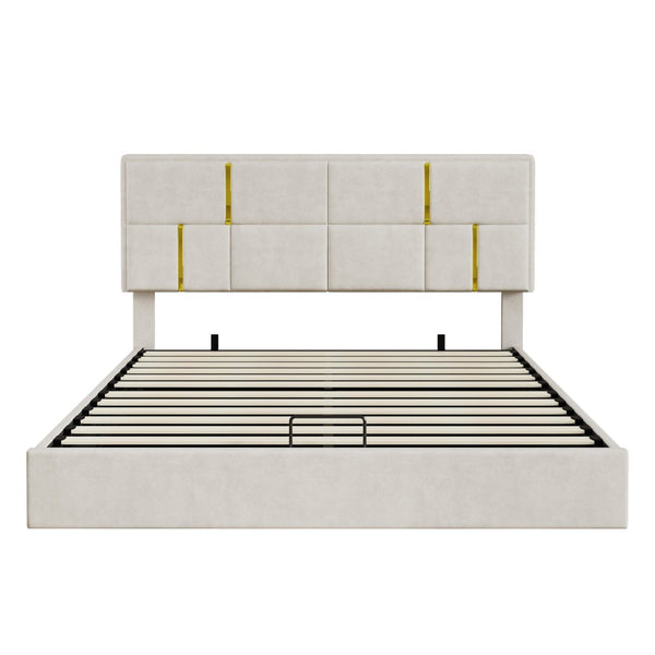 English Elm Queen Upholstered Storage Bed Gas Lift Platform with Gold Trim Pu Headboard N733S362241A