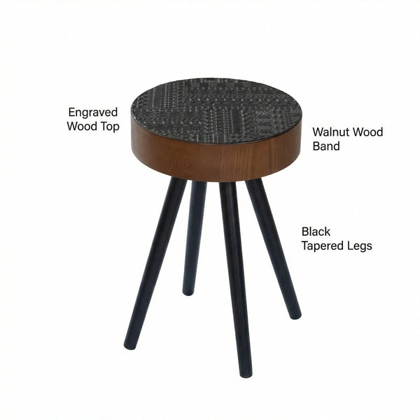 English Elm 15.7-inch Round Carved Mdf Accent Table Distressed Vintage Style for Bedroom or Living Room W3935P406044
