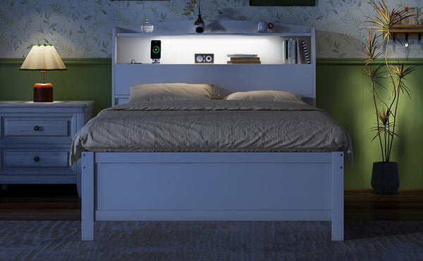 English Elm Full Size Wooden Led Platform Bed With Trundle, Storage Headboard, Usb Ports, And Drawers In White N820S10009K