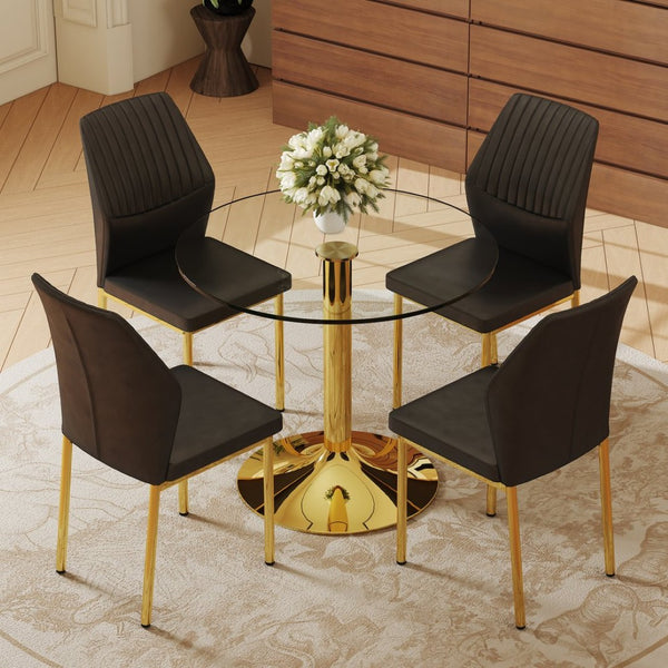 English Elm Table 35" Transparent Round Glass Dining Set With Gold Metal Base & 4 Black Pu High-Resilience Chairs W1151S03702-GIGA