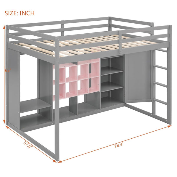 English Elm Twin Loft Bed with Wardrobe Shelves and Cabinet Kids Bedroom Wood Storage Frame Pink+Grey N708S00024E