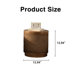 English Elm Round Rattan Storage Coffee Table Hand Woven Hemp Trim Bohemian Accent for Living Rooms W3081P464744
