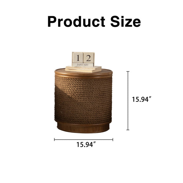 English Elm Round Rattan Storage Coffee Table Hand Woven Hemp Trim Bohemian Accent for Living Rooms W3081P464744