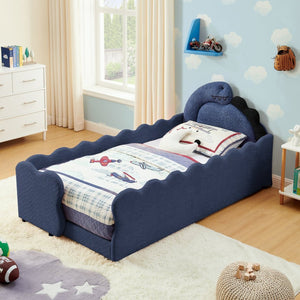 English Elm Twin Dinosaur Boucle Upholstered Kids Bed Solid Wood Frame with Padded Safety Rails Navy Blue W1413P384919
