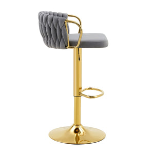English Elm Set of 2 Velvet Swivel Barstools with Braided Rope Back and Adjustable Pedestal Base Gold,Gray W3875P383914