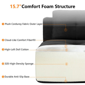 English Elm Modern Corduroy Sectional Sofa Deep Seat V Shape Tufted Couch with Movable Ottoman Black W714S01585