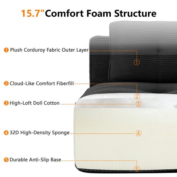English Elm Modern Corduroy Sectional Sofa Deep Seat V Shape Tufted Couch with Movable Ottoman Black W714S01585