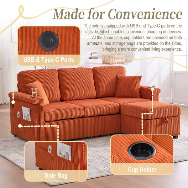 English Elm UNITED Corduroy L-Shaped Sectional Sofa with Storage Ottoman, USB Ports, Cup Holders & LED Lighting Orange W1568P332402