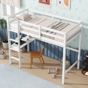 English Elm Twin High Loft Bed with Built-In Desk and Ladder — Space-Saving Rubberwood Study & Sleep Solution White W504P206979