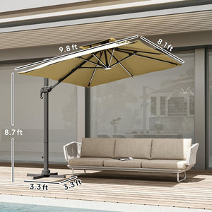 English Elm Outdoor Solar Led Cantilever Patio Umbrella with Rotating Canopy Tilt Crank Base T3971P426002