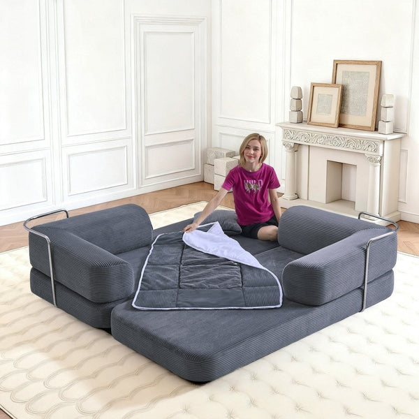 English Elm Floor Sofa Bed Modular Corduroy Convertible Lounge with Steel Frame for Living Room Antique Gray W3565P397201
