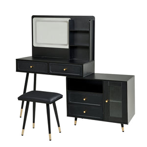 English Elm Modern Makeup Vanity Desk with LED 3-Color Mirror, Built-In Power Station, Sliding Cabinet, Stool Black N844P288432B