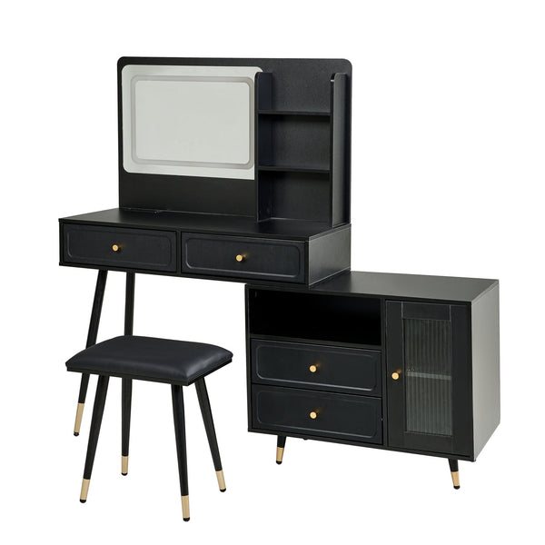 English Elm Modern Makeup Vanity Desk with LED 3-Color Mirror, Built-In Power Station, Sliding Cabinet, Stool Black N844P288432B