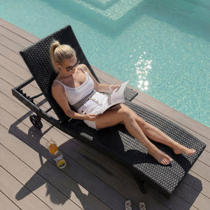 English Elm K&k Outdoor Wicker Reclining Chaise Set 2 Piece with Pull Out Tray Rolling Wheels Black N707P395515B