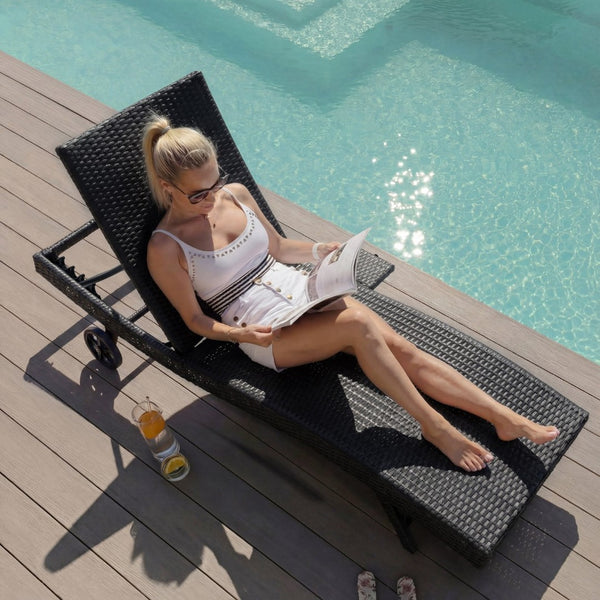 English Elm K&k Outdoor Wicker Reclining Chaise Set 2 Piece with Pull Out Tray Rolling Wheels Black N707P395515B