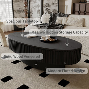 English Elm 47'' Oval Storage Coffee Table Fluted Wood Veneer Lift Lid Sculptural Living Room Accent Black W1435P293221