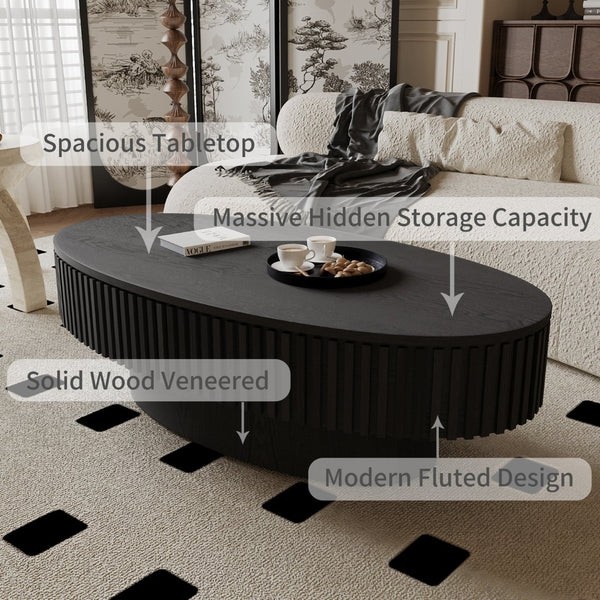 English Elm 47'' Oval Storage Coffee Table Fluted Wood Veneer Lift Lid Sculptural Living Room Accent Black W1435P293221