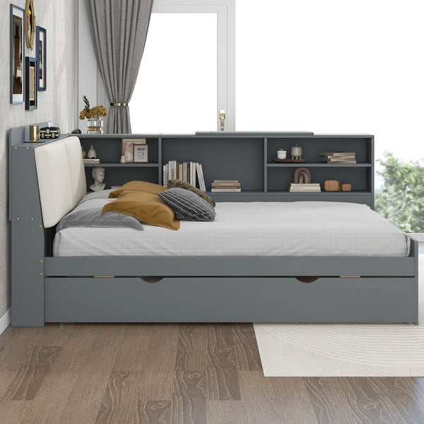 English Elm Wood Full Size platform bed with trundle, built-in storage headboard and shelves, sturdy pine frame Gray GX002055AAE