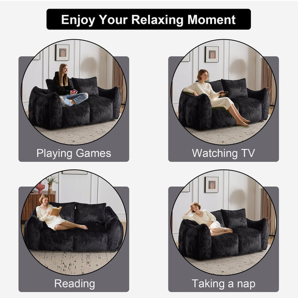 English Elm Giant Ultra Soft Fluffy Loveseat Bean Bag Sofa for Adults, Oversized Shredded Foam Couch with Pillows Black W3723P353894