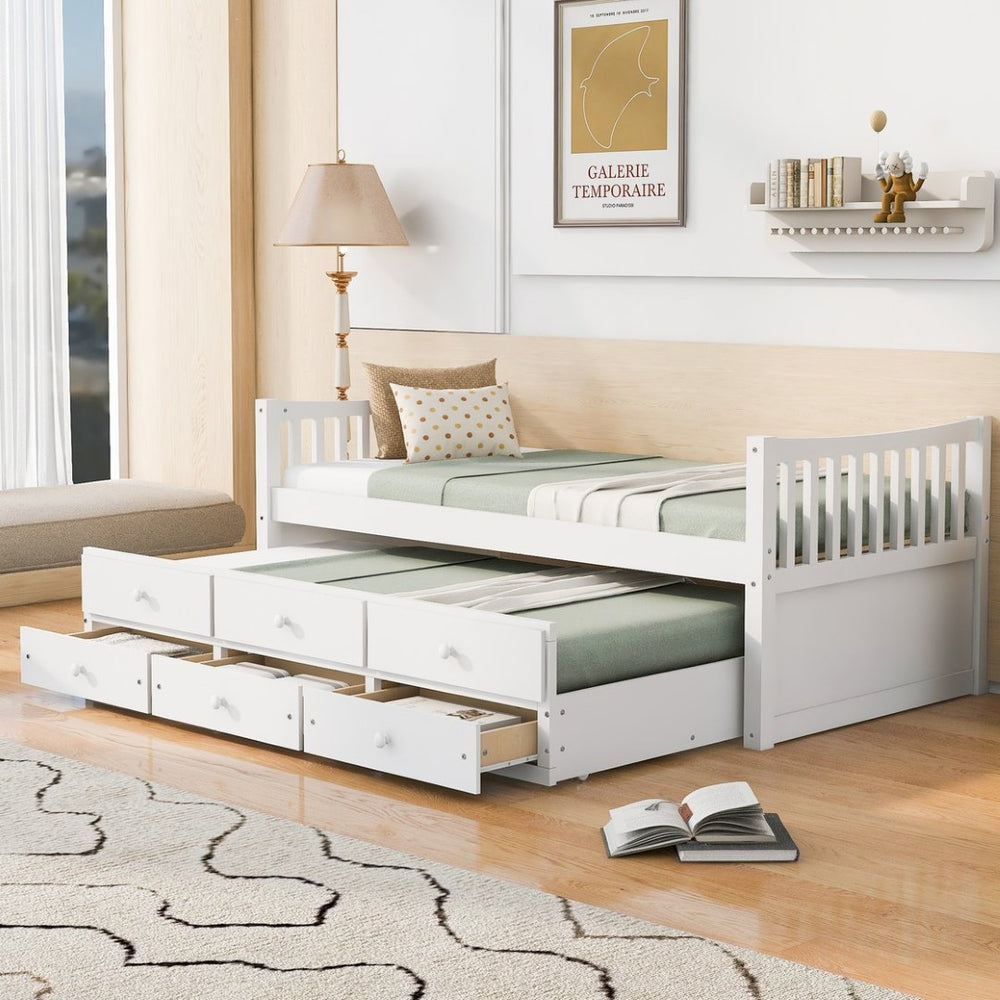 English Elm Daybed Twin Frame with Pull Out Trundle and Three Storage Drawers for Kids Rooms White LP100241AAK