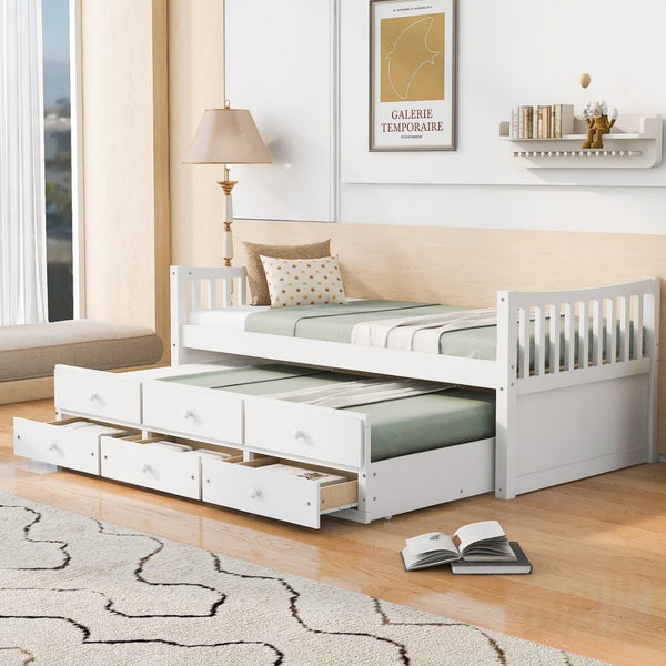 English Elm Daybed Twin Frame with Pull Out Trundle and Three Storage Drawers for Kids Rooms White LP100241AAK