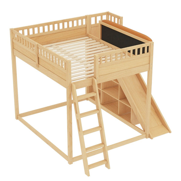 English Elm Queen Loft Bed with Upholstered Headboard Built-in Slide and Open Storage Shelves Natural W1580S00641