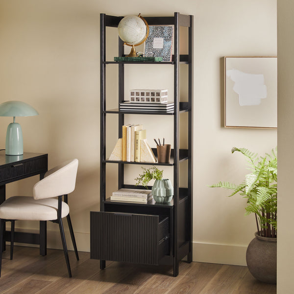 English Elm Walker Edison - Transitional Wide Reeded Bookshelf with Drawers on Bottom for Home Office, Spacious Shelving & Storage Black 75.38 L x 20.38 W x 6 H B185P200193